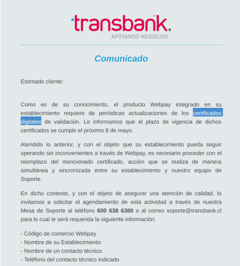 Transbank Actualización de Certificado