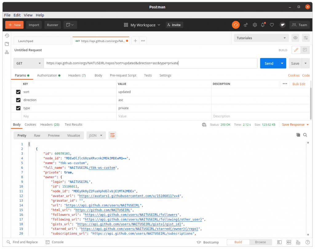 Filtro repositorios privados Github API