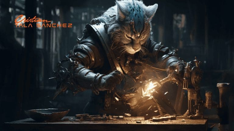 Lynx mad scientist forging a new technological sword on an anvil