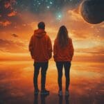 Dos personas de espaldas, vistiendo sudaderas naranjas, observan un paisaje cósmico durante el atardecer, con un cielo estrellado y un gran planeta visible en el horizonte. El suelo refleja el cielo, creando una sensación de infinitud y serenidad.