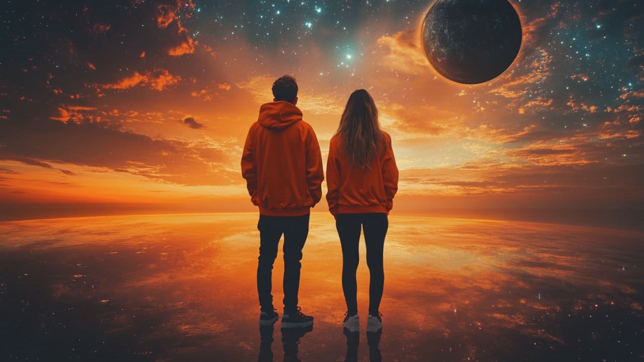 Dos personas de espaldas, vistiendo sudaderas naranjas, observan un paisaje cósmico durante el atardecer, con un cielo estrellado y un gran planeta visible en el horizonte. El suelo refleja el cielo, creando una sensación de infinitud y serenidad.