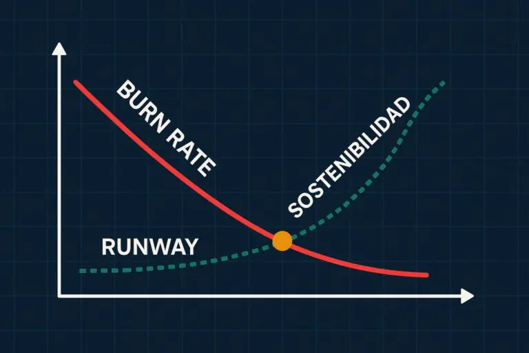 Gráfico 2D que muestra la relación entre burn rate, runway y sostenibilidad en startups. La línea roja representa el burn rate descendente, la verde punteada el runway creciente, y un punto naranja marca el cruce hacia la sostenibilidad.