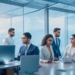 A cinematic scene of a diverse group of young Hispanic entrepreneurs collaborating intensely around futuristic transparent digital screens displaying AI-driven data and holograms in a modern, sleek co-working space with warm natural light highlighting their focused expressions, symbolizing the innovative AI-driven transformation of the Latin American tech startup ecosystem.