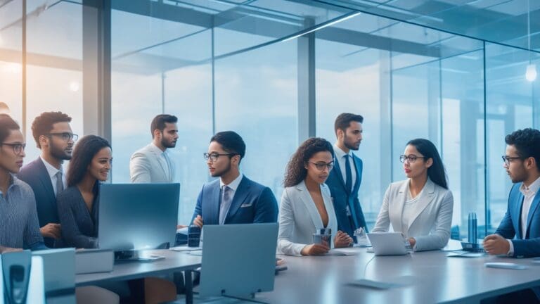 A cinematic scene of a diverse group of young Hispanic entrepreneurs collaborating intensely around futuristic transparent digital screens displaying AI-driven data and holograms in a modern, sleek co-working space with warm natural light highlighting their focused expressions, symbolizing the innovative AI-driven transformation of the Latin American tech startup ecosystem.