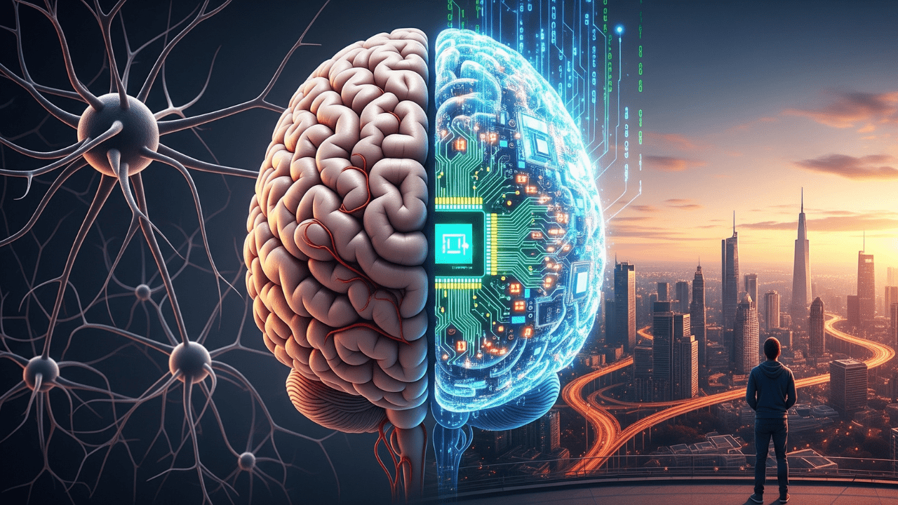 Cerebro dividido en dos mitades, una biológica y otra un circuito de inteligencia artificial, simbolizando el futuro del trabajo y el impacto de la tecnología en la humanidad.