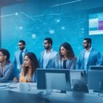 A dynamic, cinematic view of a diverse group of young Hispanic entrepreneurs collaborating around futuristic transparent digital screens displaying abstract AI data and SaaS icons in a modern co-working space, symbolizing innovation and the rapid growth of Hispanic tech startups in 2025.