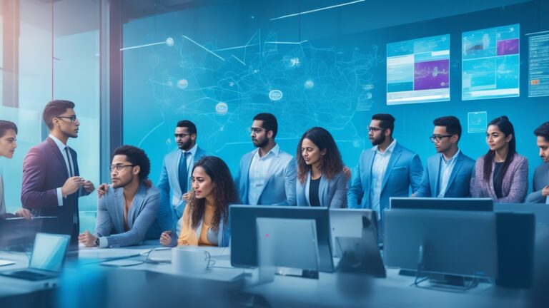 A dynamic, cinematic view of a diverse group of young Hispanic entrepreneurs collaborating around futuristic transparent digital screens displaying abstract AI data and SaaS icons in a modern co-working space, symbolizing innovation and the rapid growth of Hispanic tech startups in 2025.