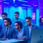 A dynamic, cinematic shot of a diverse group of young Hispanic entrepreneurs collaborating intensely around futuristic transparent digital screens displaying AI and SaaS data visualizations in a modern co-working tech hub, illuminated by ambient blue and purple lighting symbolizing innovation and connectivity in Latin America's startup ecosystem.