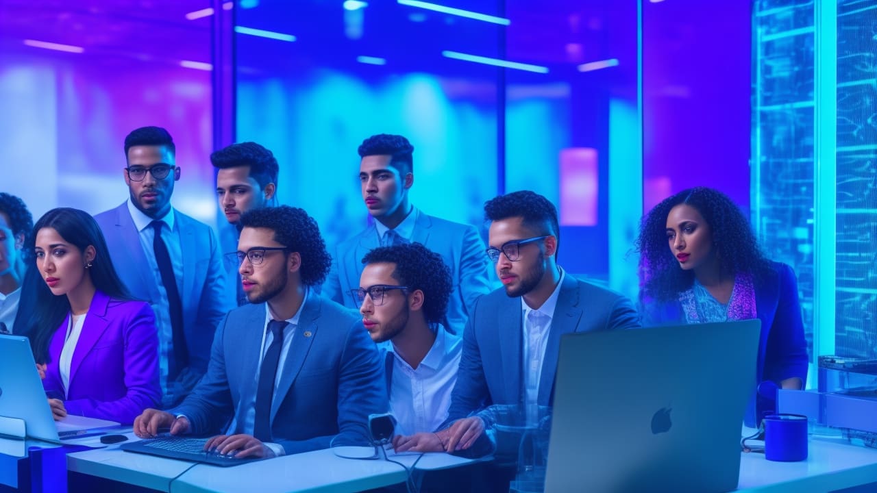A dynamic, cinematic shot of a diverse group of young Hispanic entrepreneurs collaborating intensely around futuristic transparent digital screens displaying AI and SaaS data visualizations in a modern co-working tech hub, illuminated by ambient blue and purple lighting symbolizing innovation and connectivity in Latin America's startup ecosystem.