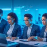 A dynamic, cinematic shot of a diverse group of young Hispanic tech entrepreneurs collaborating intensely over futuristic holographic AI interfaces in a sleek, modern workspace, illuminated by glowing digital data streams and neon accents, symbolizing innovation and the unstoppable rise of artificial intelligence in Latin American and Spanish startup ecosystems in 2025.
