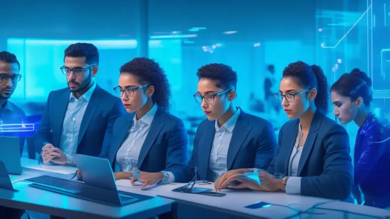 A dynamic, cinematic shot of a diverse group of young Hispanic tech entrepreneurs collaborating intensely over futuristic holographic AI interfaces in a sleek, modern workspace, illuminated by glowing digital data streams and neon accents, symbolizing innovation and the unstoppable rise of artificial intelligence in Latin American and Spanish startup ecosystems in 2025.