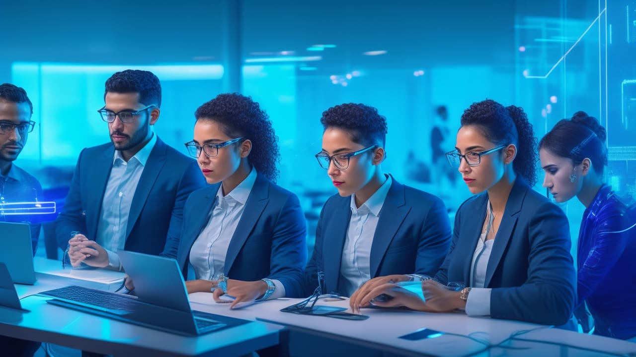 A dynamic, cinematic shot of a diverse group of young Hispanic tech entrepreneurs collaborating intensely over futuristic holographic AI interfaces in a sleek, modern workspace, illuminated by glowing digital data streams and neon accents, symbolizing innovation and the unstoppable rise of artificial intelligence in Latin American and Spanish startup ecosystems in 2025.