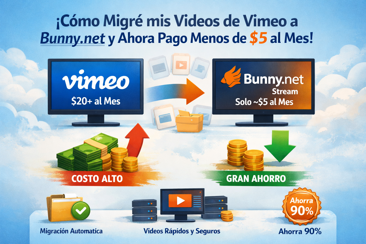 Comparación entre Vimeo y Bunny.net Stream mostrando el ahorro al migrar videos de cursos online