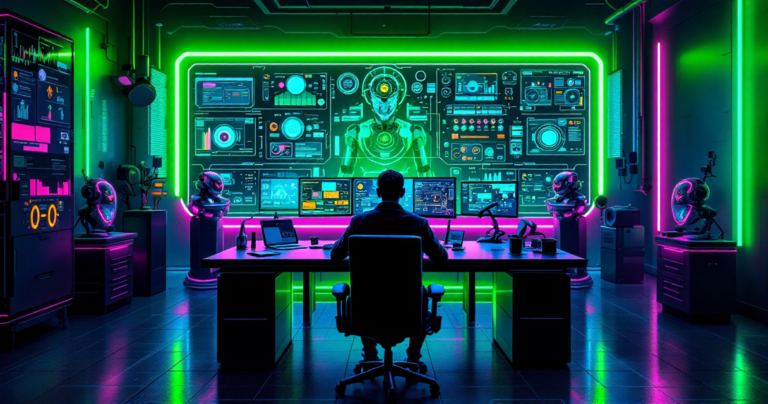 Emprendedor solo con IA - solopreneur rodeado de pantallas holográficas y asistentes de IA en estilo synthwave cyberpunk