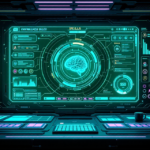 Dashboard de agente IA con módulos de skills interconectados, estilo cyberpunk synthwave
