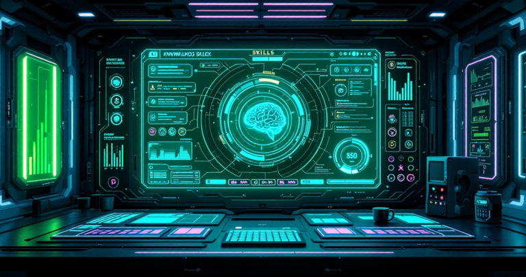 Dashboard de agente IA con módulos de skills interconectados, estilo cyberpunk synthwave