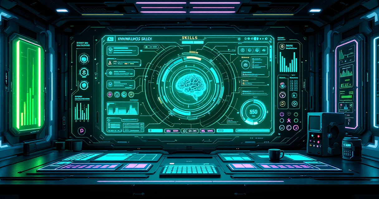 Dashboard de agente IA con módulos de skills interconectados, estilo cyberpunk synthwave