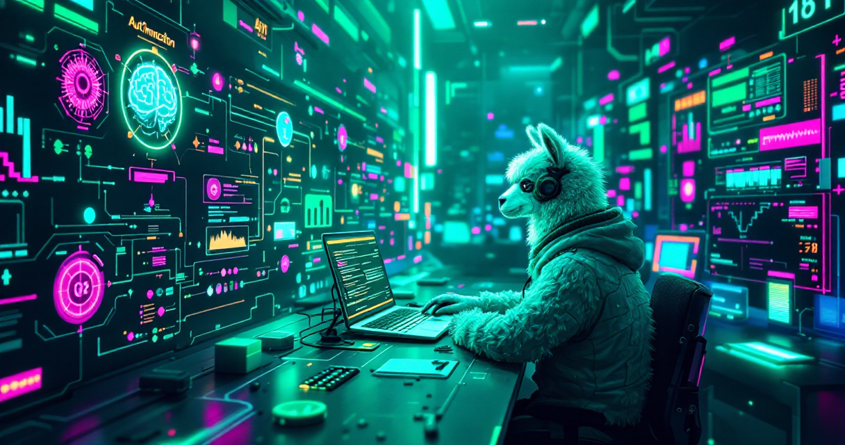Workflow automation con n8n, IA y Llama 3.3 - Visualización cyberpunk de automatización de contenido