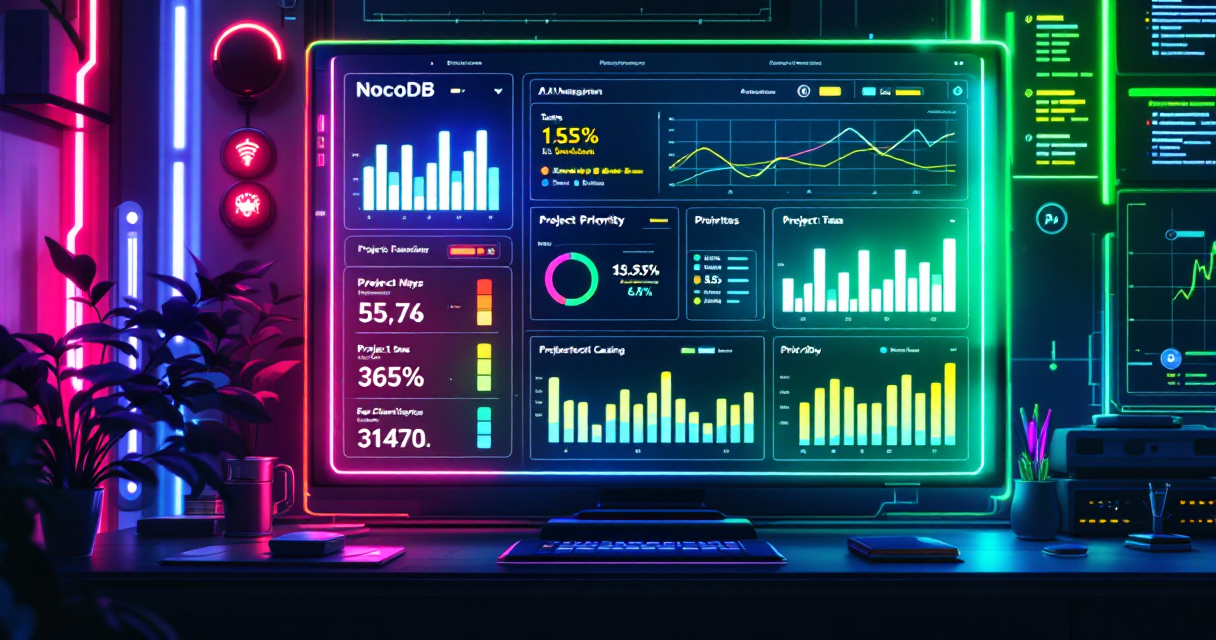 Dashboard IA mostrando optimización de 99 tareas con NocoDB y análisis de prioridades