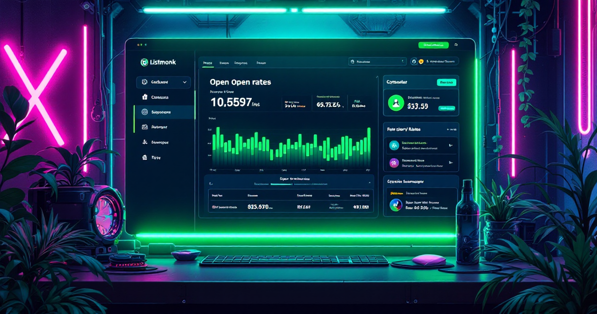 Dashboard Listmonk self-hosted newsletter platform con métricas de open rate