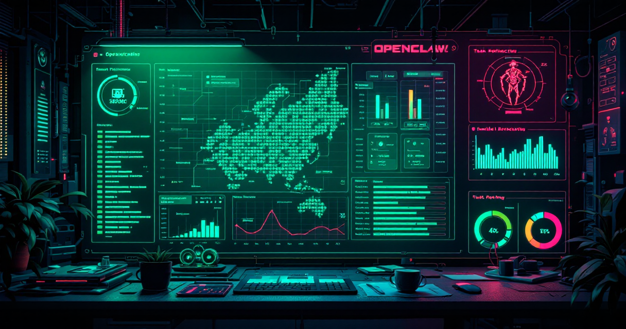 Dashboard OpenClaw mostrando optimización de costos y routing de modelos IA estilo synthwave