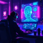 Empresas unipersonales con IA: solopreneur trabajando con interfaz holográfica, synthwave cyberpunk
