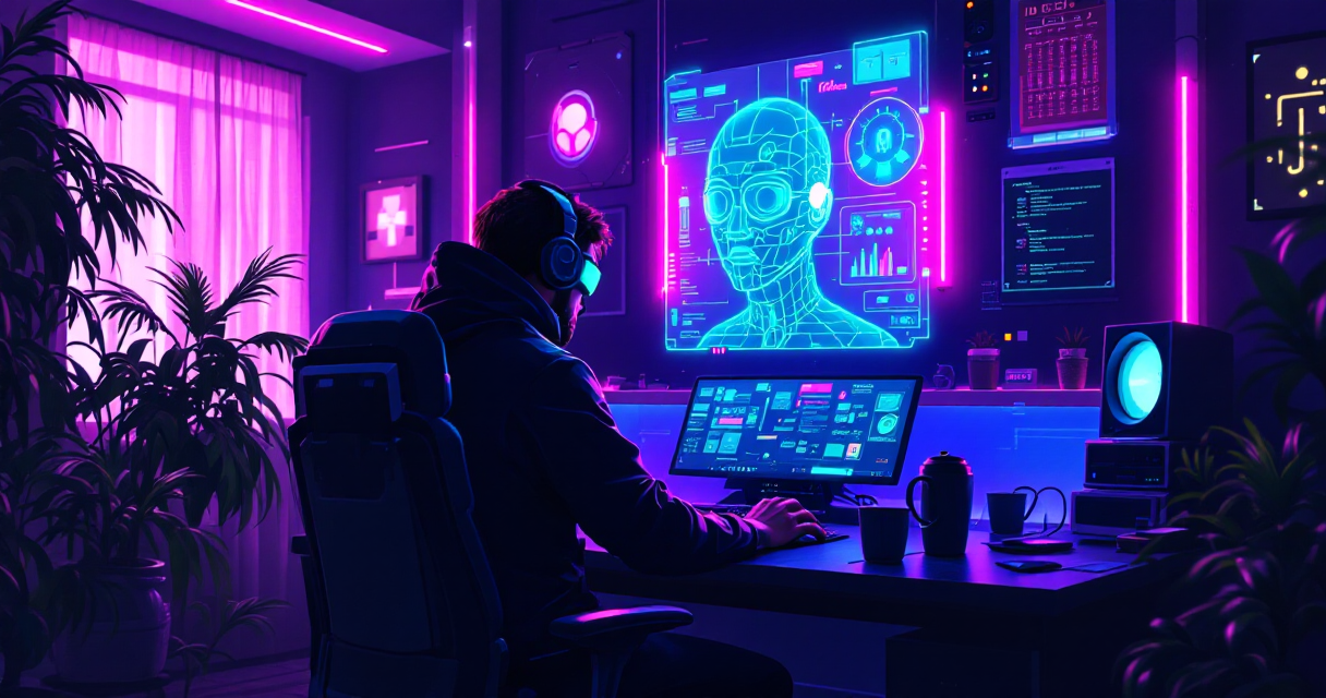 Empresas unipersonales con IA: solopreneur trabajando con interfaz holográfica, synthwave cyberpunk