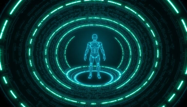 El fin del humans in the loop: cómo la IA ya construye a la siguiente generación de IA según el reporte de Anthropic Institute - visualización synthwave de loop recursivo