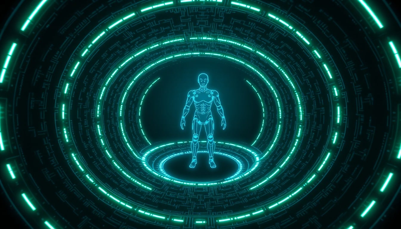 El fin del humans in the loop: cómo la IA ya construye a la siguiente generación de IA según el reporte de Anthropic Institute - visualización synthwave de loop recursivo