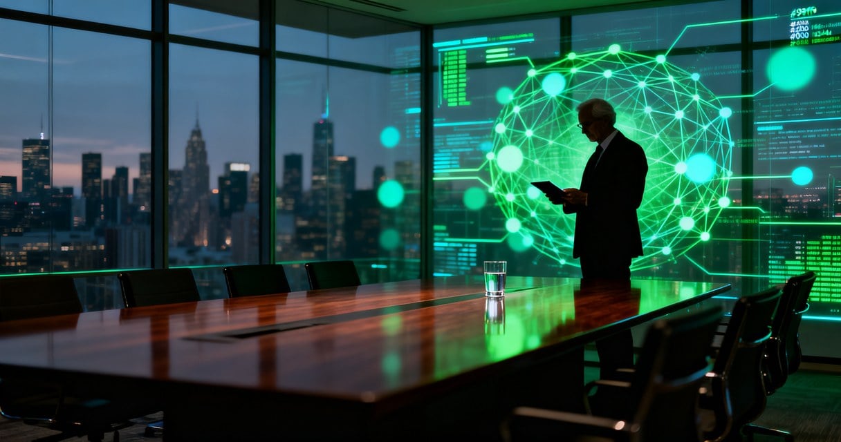 Consultor corporativo en una sala de juntas iluminada por flujos de datos holográficos verdes y cyan, representando la disrupción de los servicios profesionales tradicionales por la inteligencia artificial.